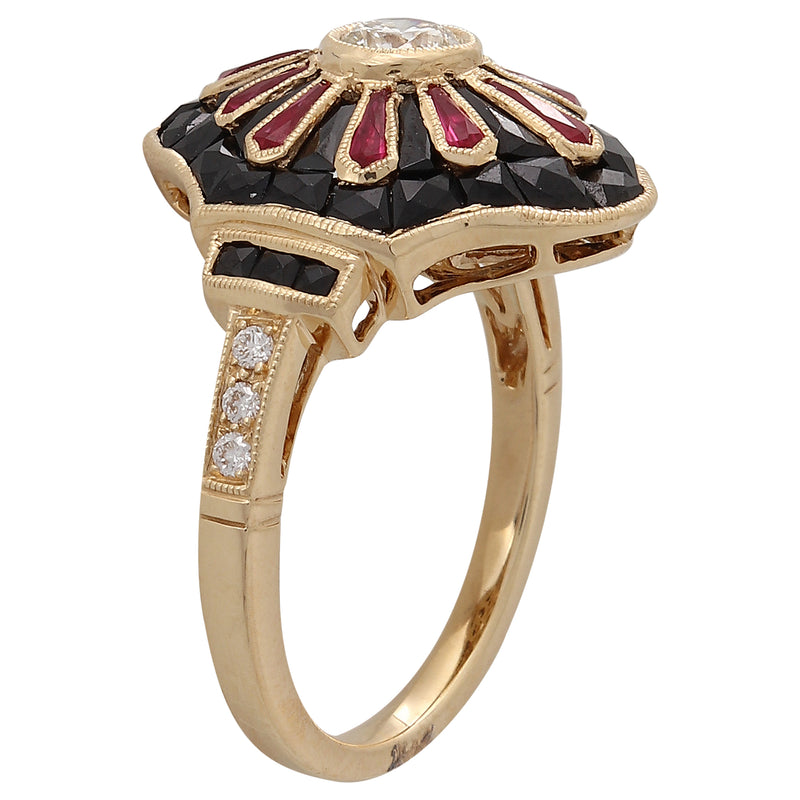 Art Deco Inspired Diamond, Ruby, and Onyx Semi-Mount Halo Ring