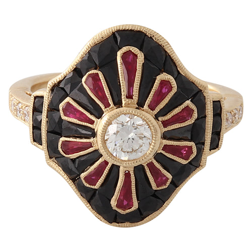 Art Deco Inspired Diamond, Ruby, and Onyx Semi-Mount Halo Ring