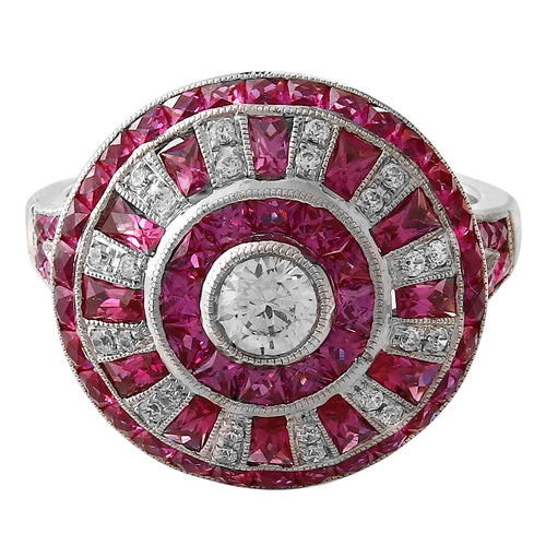 Art Deco Inspired Diamond & Ruby Semi-Mount Halo Ring