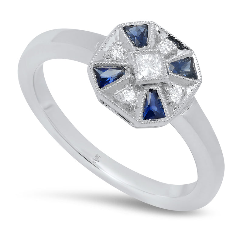 Vintage Inspired Diamond & Sapphire with Princess Mount Center Ring