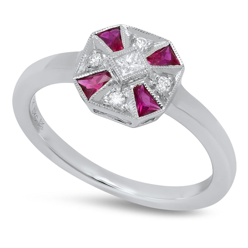 Vintage Inspired Diamond & Ruby with Princess Mount Center Ring