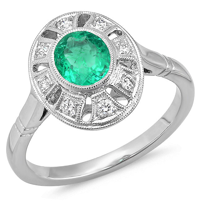 Vintage Inspired Diamond & Emerald Mount Center Ring