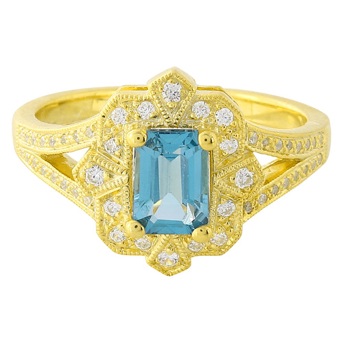 Art Deco Inspired Diamond and London Blue Topaz Mount Yellow Gold Ring
