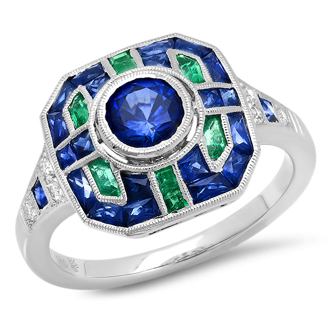 Art Deco Inspired Diamond, Tsavorite & Sapphire Mount Ring