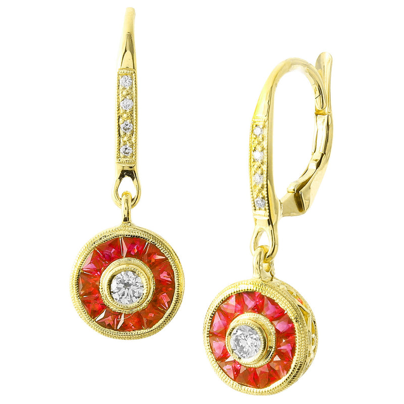 French Cut Ruby and Diamond Leverback Earrings