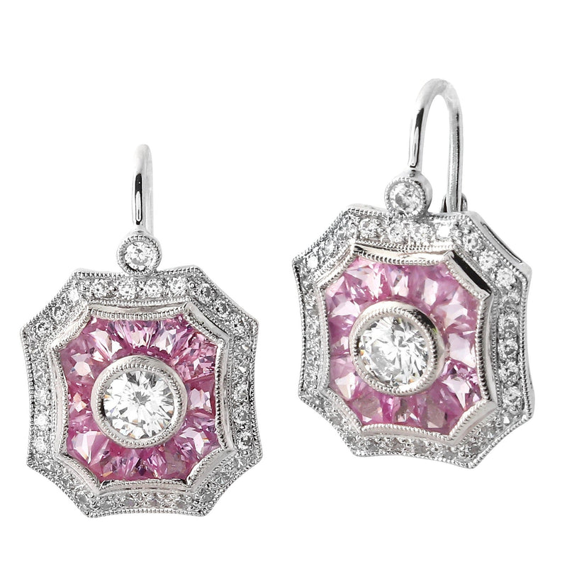 Pink Sapphire and Diamond Art-Deco Halo Leverback Earrings
