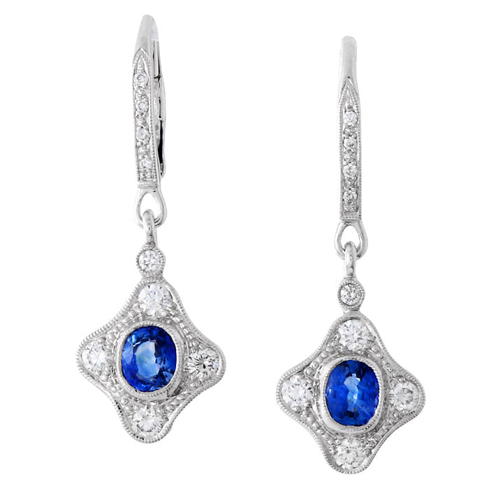 Oval Sapphire and Diamond Leverback Dangle Earrings