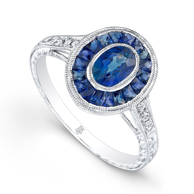 French Cut Sapphire Halo with Oval Sapphire Center Ring