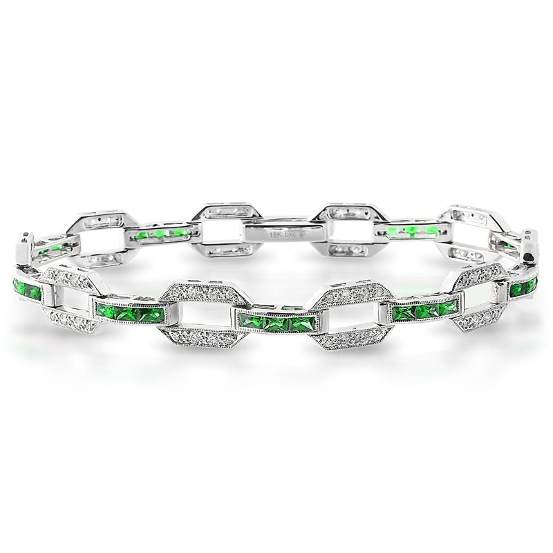 Baguette Cut Tsavorite and Diamond Chain Link Tennis Bracelet