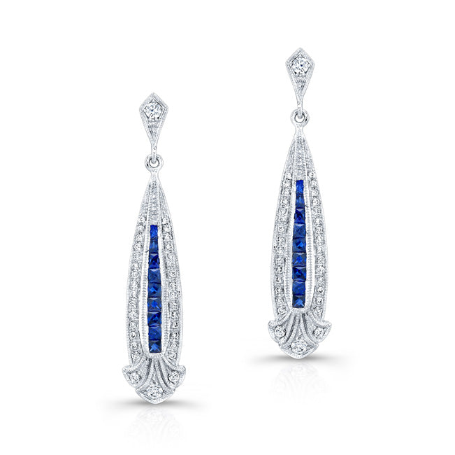 Vintage Inspired French Cut Sapphire and Diamond Earrings