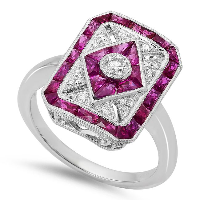 French Cut Ruby and Diamond Halo Fashion Ring