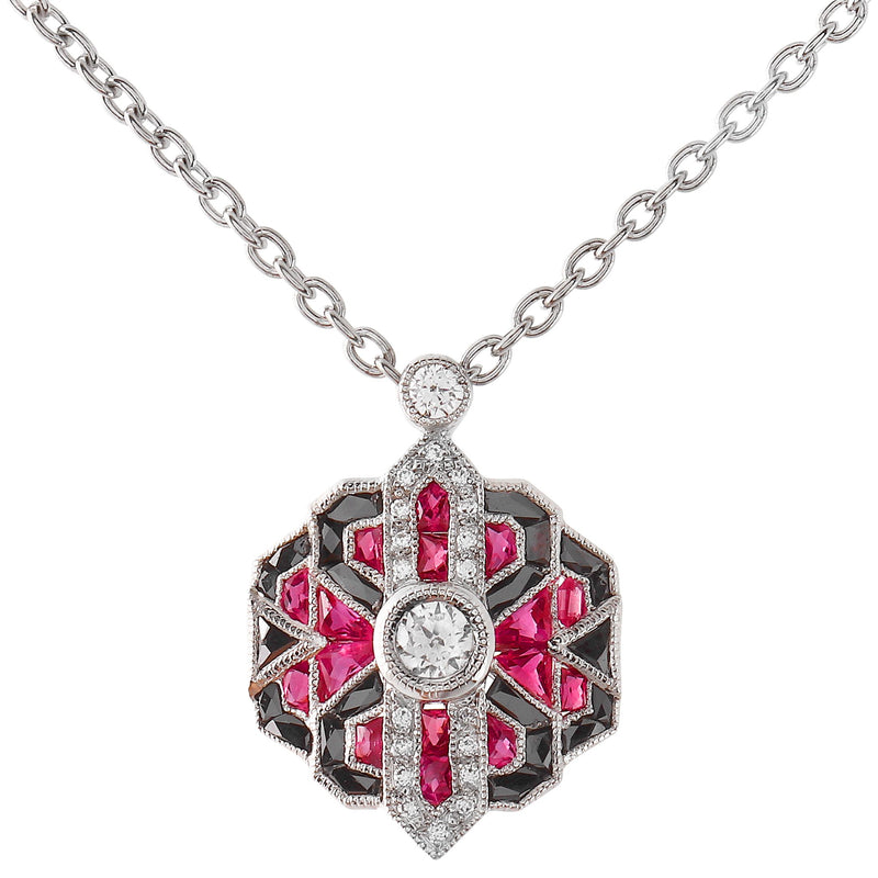 Art Deco Inspired Diamond, Ruby and Onyx Pendant