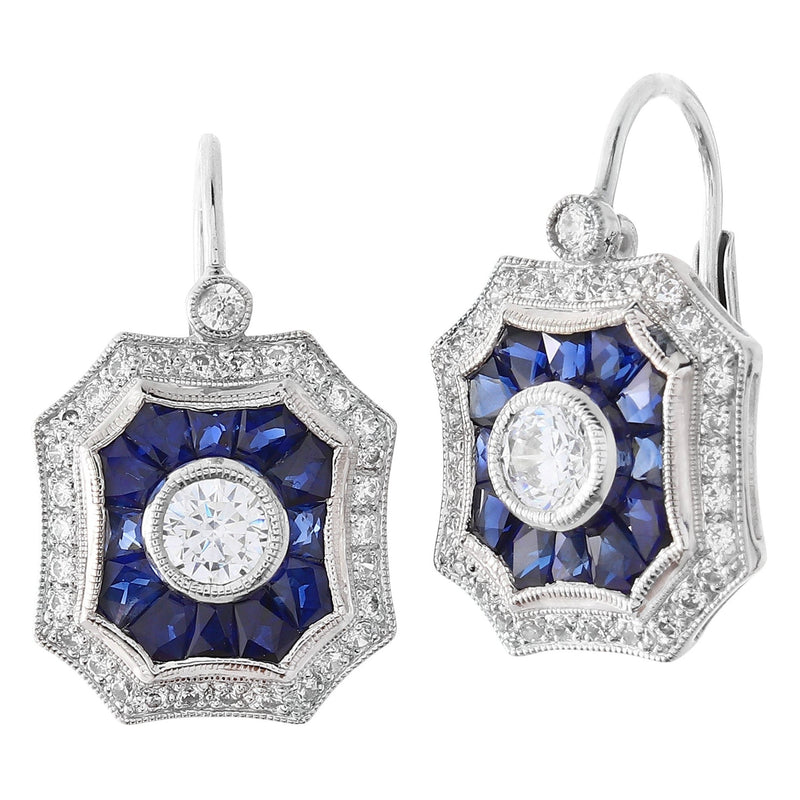 Sapphire and Diamond Art-Deco Halo Leverback Earrings