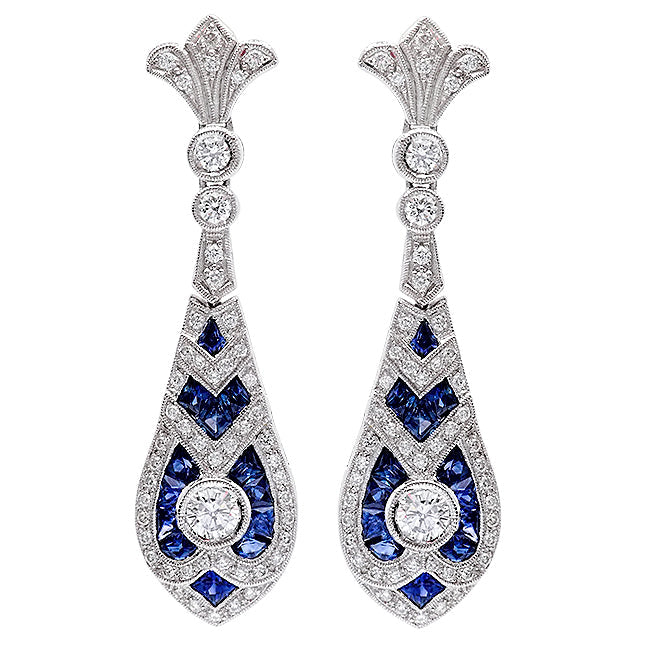 Art Deco French Cut Sapphire and Diamond Earrings