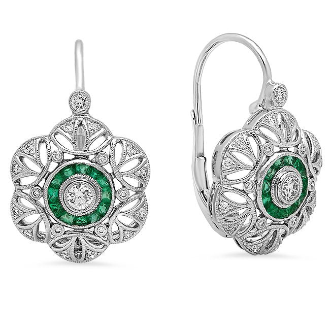 Diamond and Emerald Flower Leverback Earrings