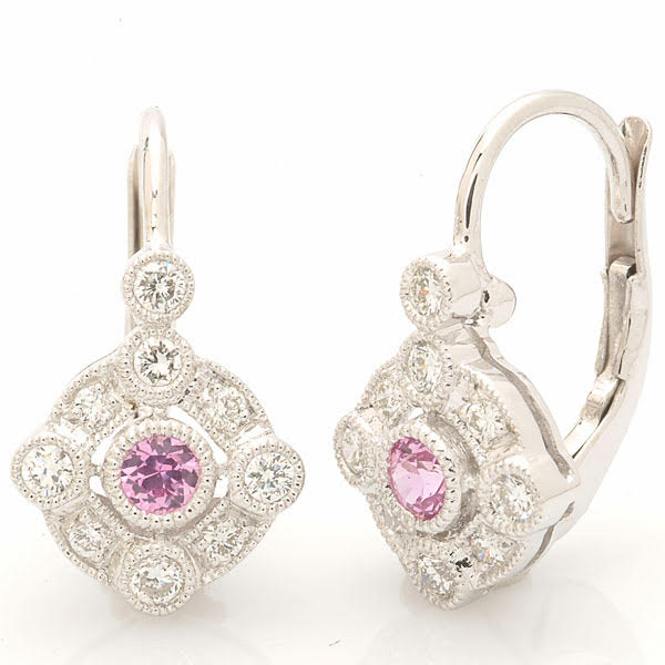 Round Pink Sapphire Bezel Set Lever-back Earrings