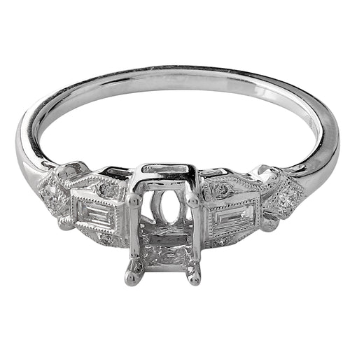 Vintage Inspired Emerald Cut Diamond Center Engagement Semi-Mount Ring