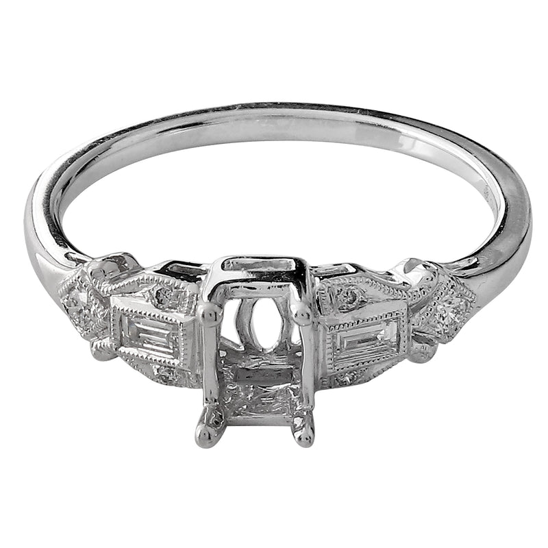 Vintage Inspired Emerald Cut Diamond Center Engagement Semi-Mount Ring