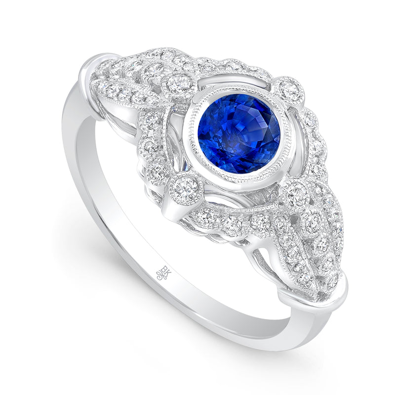 Vintage Inspired Diamond & Sapphire Halo Mount Center Ring