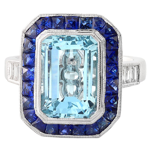 Diamond & Sapphire with Emerald Cut Aquamarine Center Semi-Mount Ring