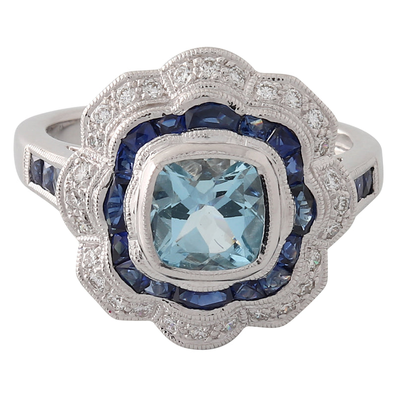 Diamond & Sapphire Halo with Aquamarine Center Fashion Mount