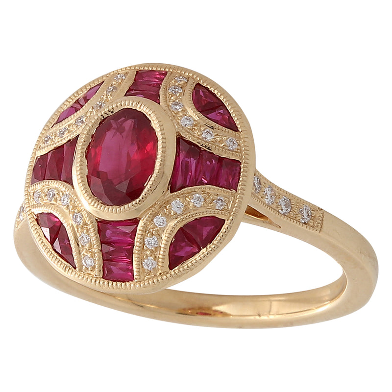 Art Deco Oval Ruby & Diamond Yellow Gold Ring