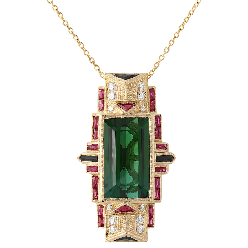 Art Deco Inspired Diamond and Precious Stones with Green Tourmaline Yellow Gold Pendant