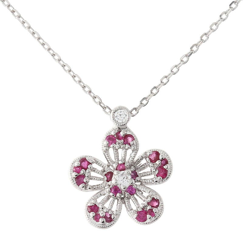 BK Promise Collection White Gold Flower Necklace with Diamonds and Ruby