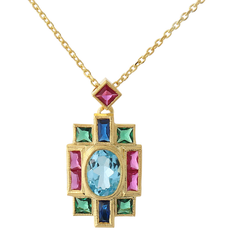 Art Deco Inspired Semi Precious Stones on Yellow Gold Pendant