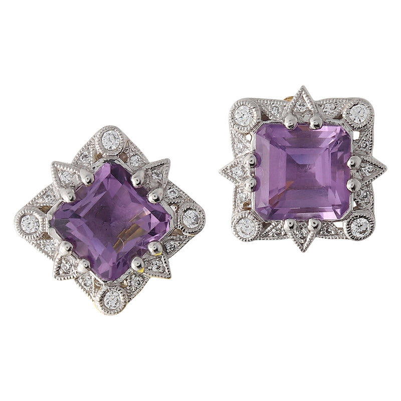 Amethyst and Diamond Post-Back Earrings