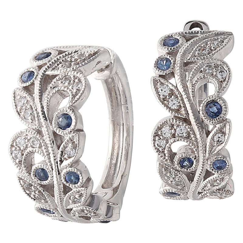 Diamond and Sapphire Floral White Gold Hoop Earrings