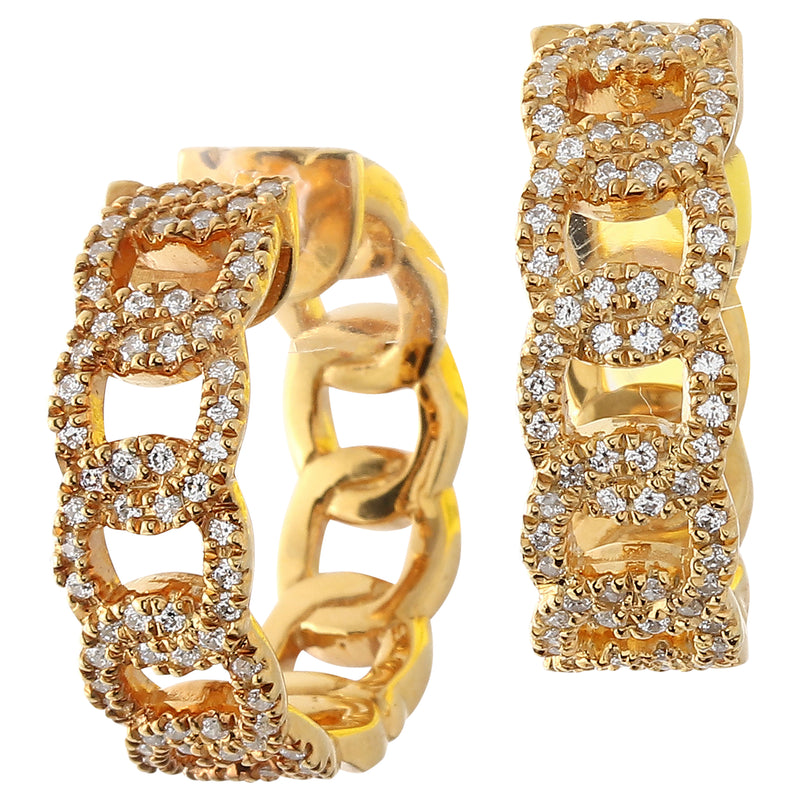Linked Chain White Diamond on Yellow Gold Hoop Earrings