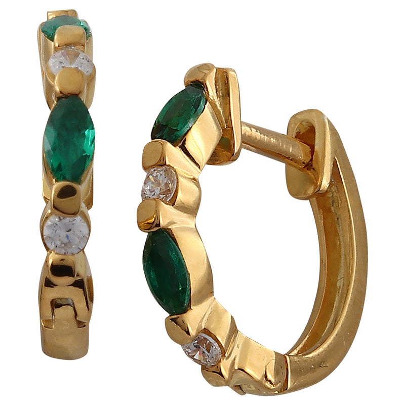 Tsavorite Marquise and Round Diamond on Yellow Gold Hoop Earrings