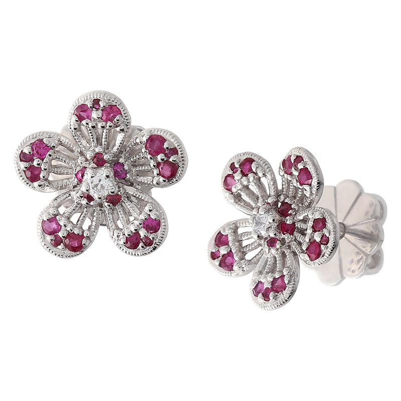 BK Promise Collection Gold Flower Earrings with White Diamonds and Ruby