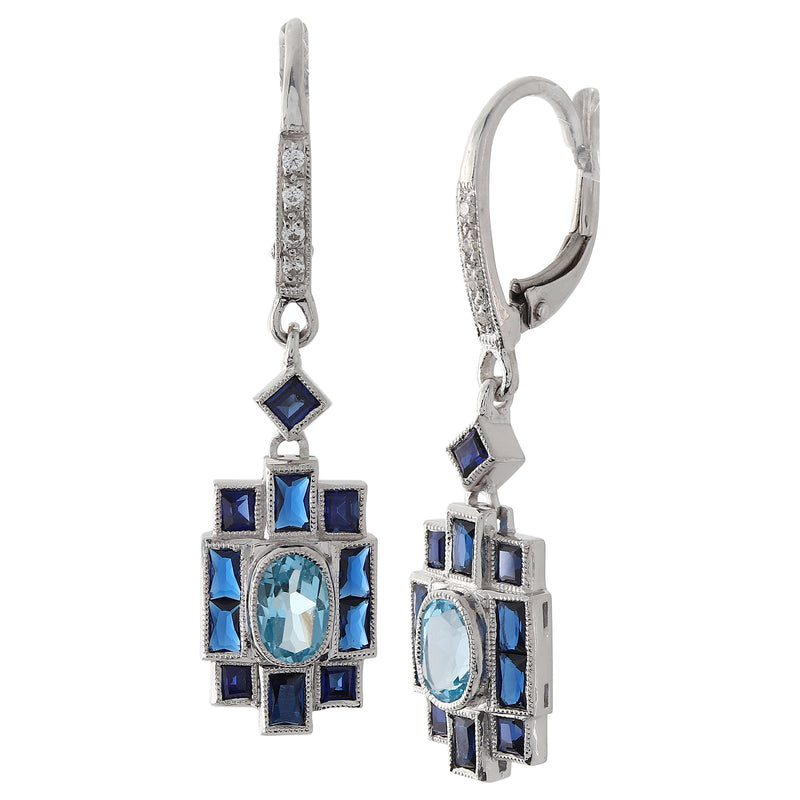 Art Deco Inspired Semi Precious Stones on White Gold Drop Leverback Diamond Earrings