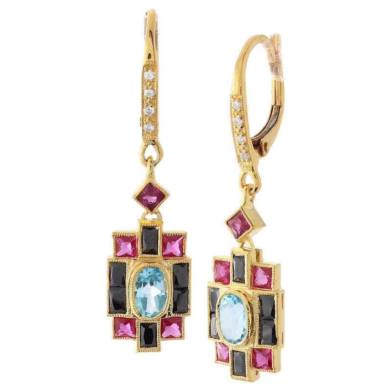 Art Deco Inspired Semi Precious Stones on Yellow Gold Drop Leverback Diamond Earrings