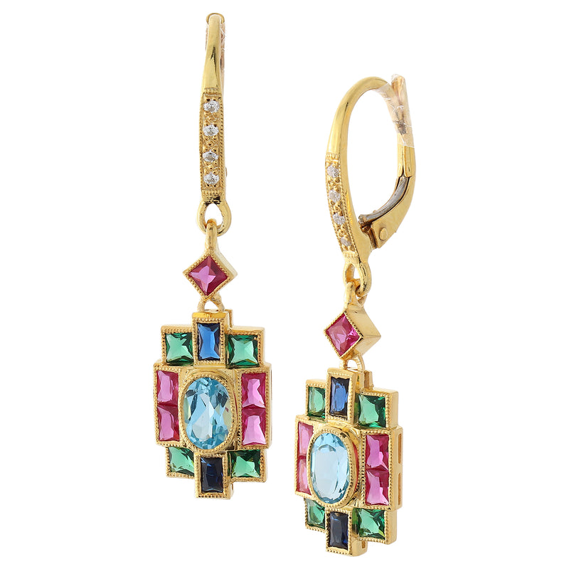 Art Deco Inspired Semi Precious Stones on Yellow Gold Drop Leverback Diamond Earrings