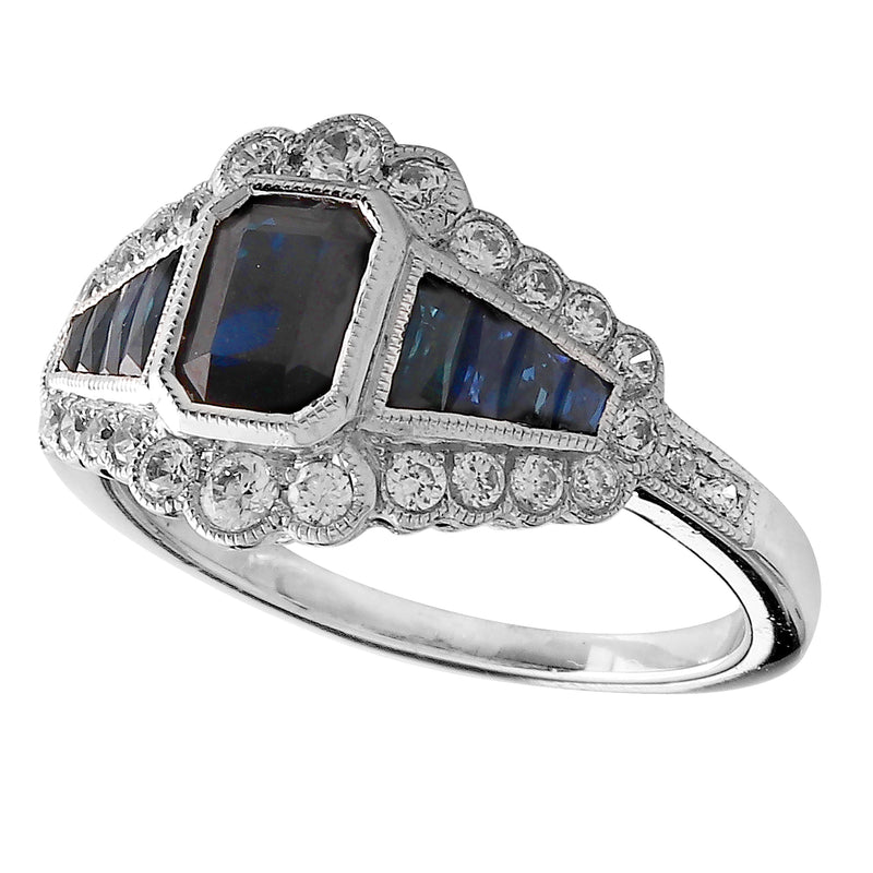 Art Deco Inspired Diamond, Sapphire & Sapphire Center Mount Ring