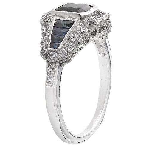 Art Deco Inspired Diamond, Sapphire & Sapphire Center Mount Ring