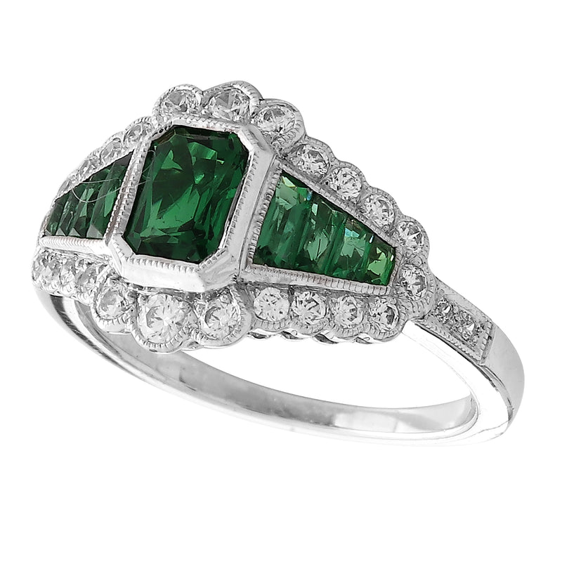 Art Deco Inspired Diamond, Emerald & Emerald Center Semi-Mount Ring