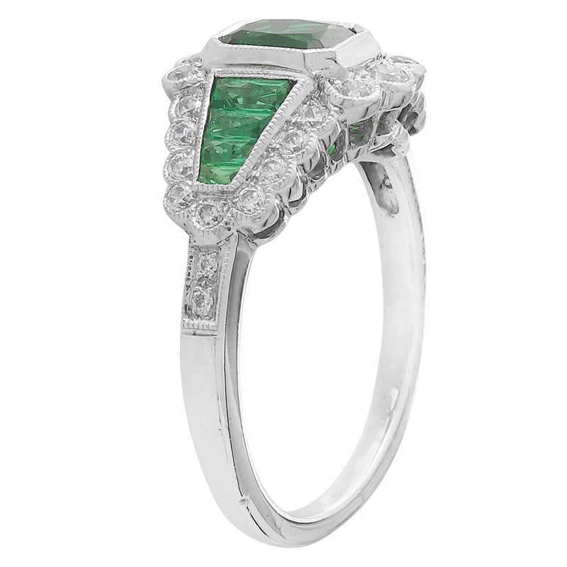 Art Deco Inspired Diamond, Emerald & Emerald Center Semi-Mount Ring