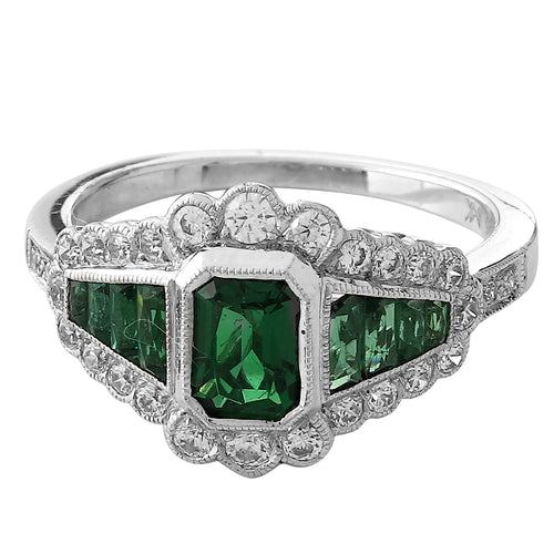 Art Deco Inspired Diamond, Emerald & Emerald Center Semi-Mount Ring