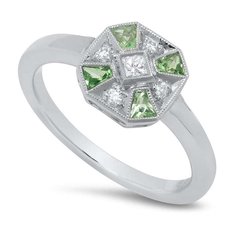 Vintage Inspired Diamond & Tsavorite with Princess Mount Center Ring