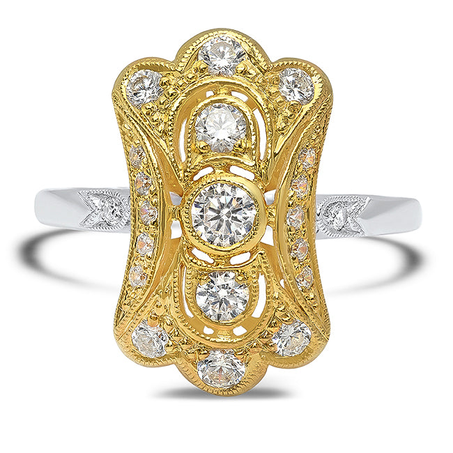 Vintage Inspired White & Yellow Gold Three Stone Mount Ring