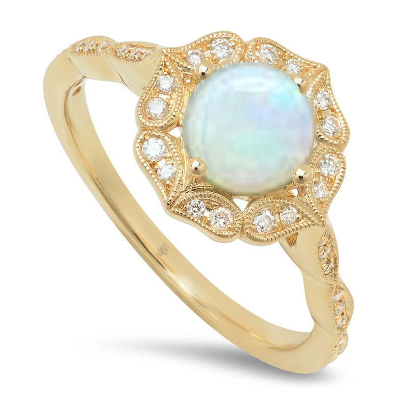 Vintage Inspired Diamond & Opal Center Mount Ring