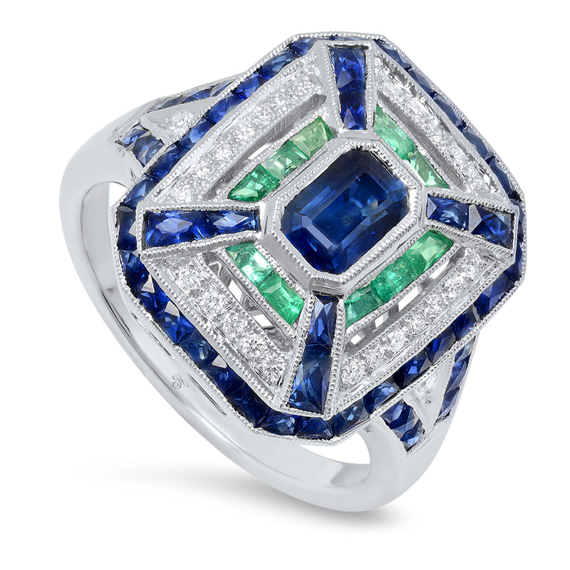 Art Deco Inspired Diamond, Sapphire, and Emerald Semi-Mount Ring