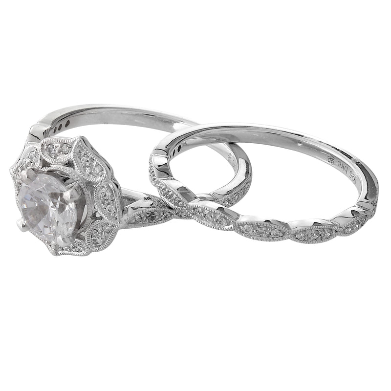 Floral Diamond Halo Engagement Semi-Mount Set
