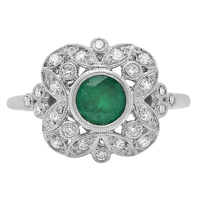 Vintage Inspired Diamond & Emerald Fashion Mount Ring