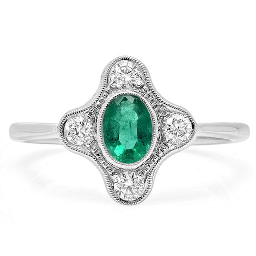 Vintage Inspired Diamond & Emerald Center Mount Ring