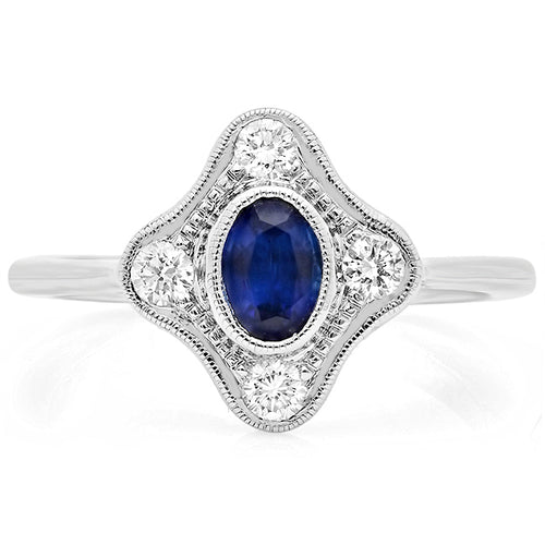 Vintage Inspired Diamond & Sapphire Center Mount Ring